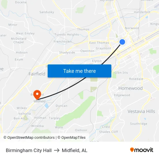 Birmingham City Hall to Midfield, AL map