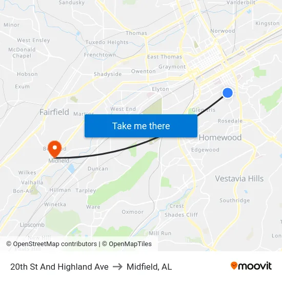 20th St And Highland Ave to Midfield, AL map