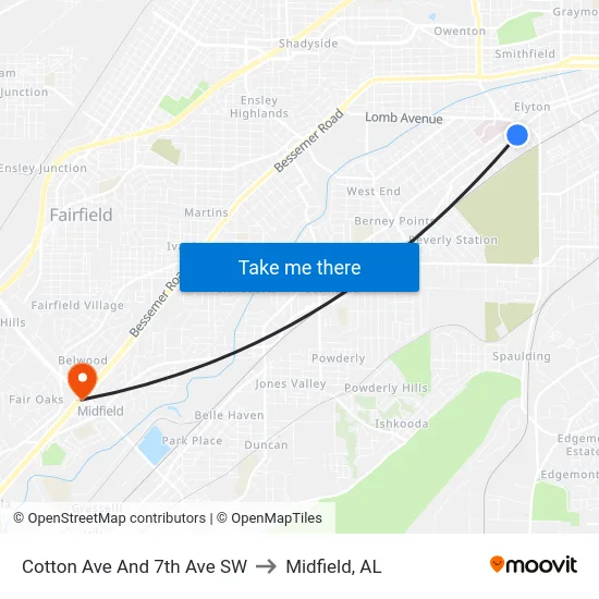 Cotton Ave And 7th Ave SW to Midfield, AL map