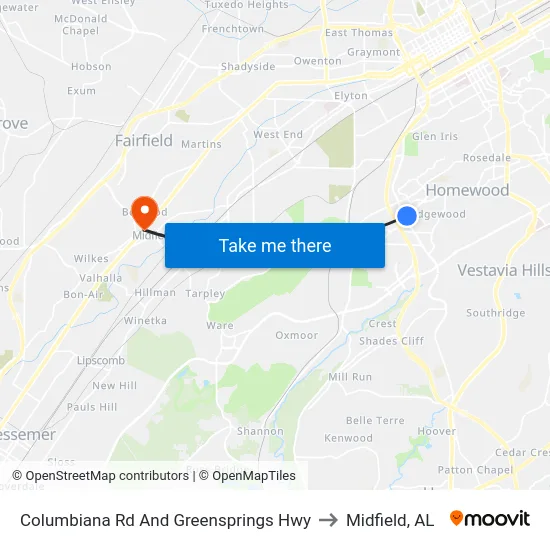 Columbiana Rd And Greensprings Hwy to Midfield, AL map