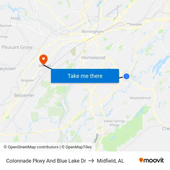 Colonnade Pkwy And Blue Lake Dr to Midfield, AL map
