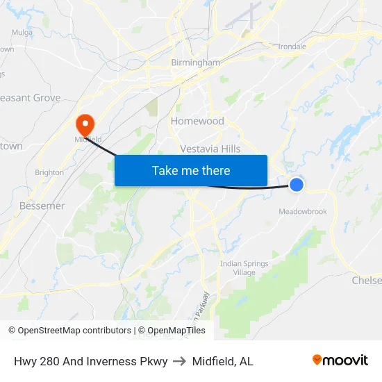 Hwy 280 And Inverness Pkwy to Midfield, AL map
