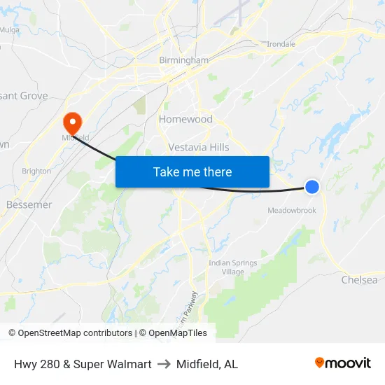 Hwy 280 & Super Walmart to Midfield, AL map
