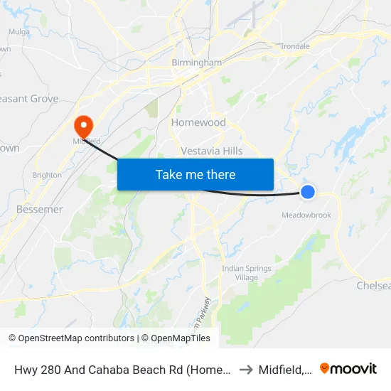 Hwy 280 And Cahaba Beach Rd (Home Depot) to Midfield, AL map