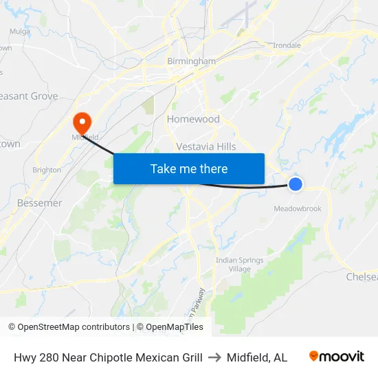 Hwy 280 Near Chipotle Mexican Grill to Midfield, AL map
