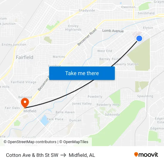 Cotton Ave & 8th St SW to Midfield, AL map