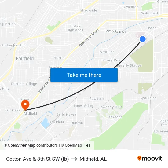 Cotton Ave & 8th St SW (Ib) to Midfield, AL map