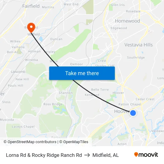 Lorna Rd & Rocky Ridge Ranch Rd to Midfield, AL map
