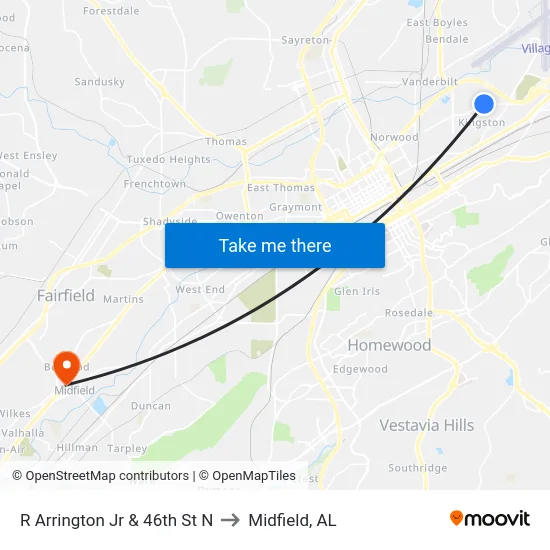 R Arrington Jr & 46th St N to Midfield, AL map