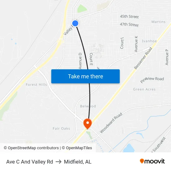 Ave C And Valley Rd to Midfield, AL map