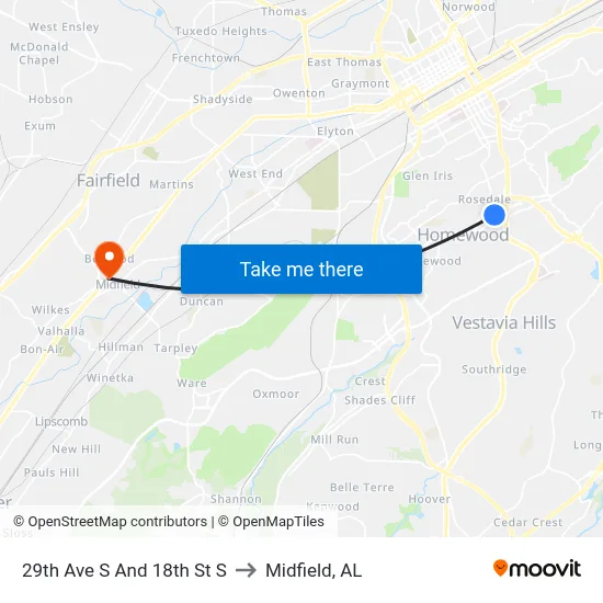 29th Ave S And 18th St S to Midfield, AL map