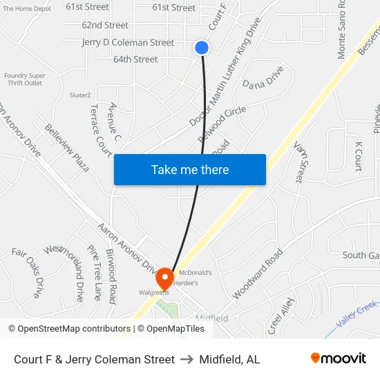Court F & Jerry Coleman Street to Midfield, AL map