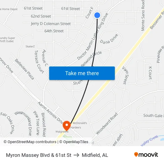 Myron Massey Blvd & 61st St to Midfield, AL map