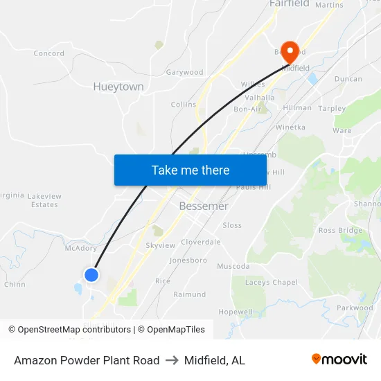 Amazon Powder Plant Road to Midfield, AL map