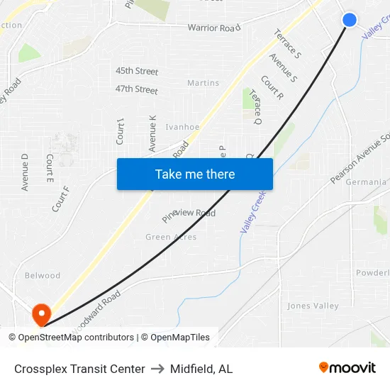 Crossplex Transit Center to Midfield, AL map