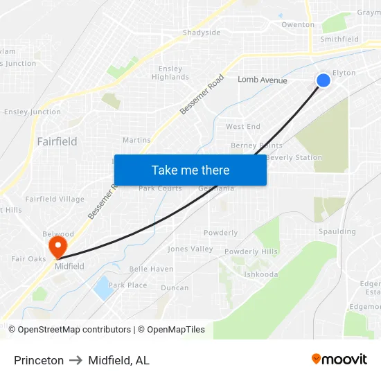 Princeton to Midfield, AL map
