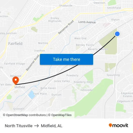 North Titusville to Midfield, AL map