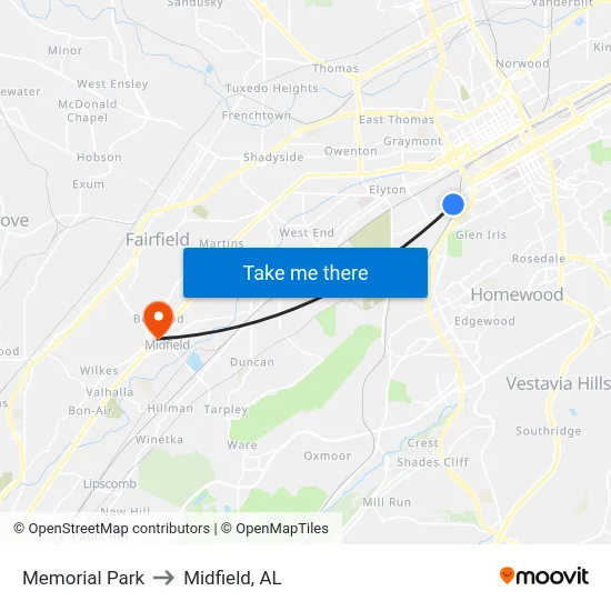 Memorial Park to Midfield, AL map
