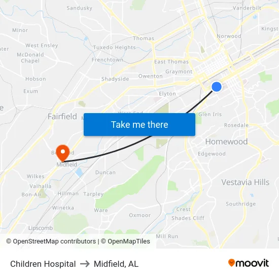 Children Hospital to Midfield, AL map