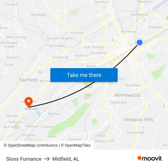 Sloss Furnance to Midfield, AL map