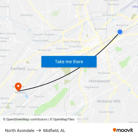 North Avondale to Midfield, AL map