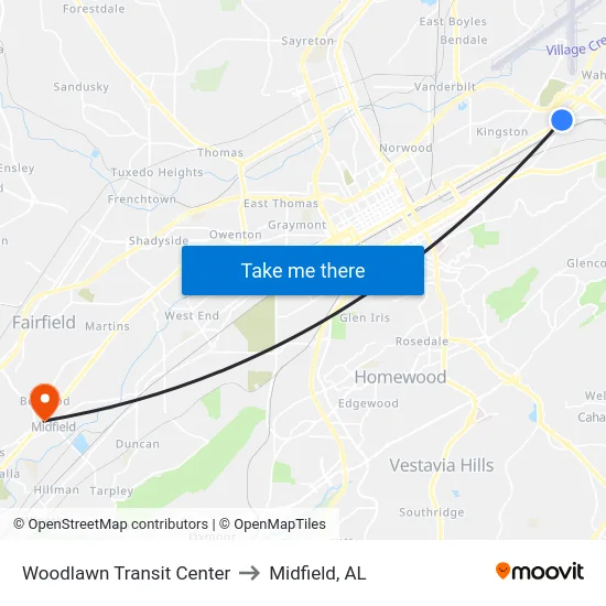 Woodlawn Transit Center to Midfield, AL map