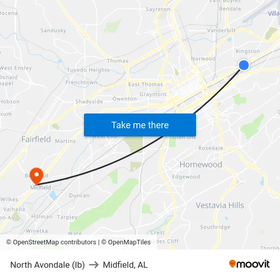 North Avondale (Ib) to Midfield, AL map