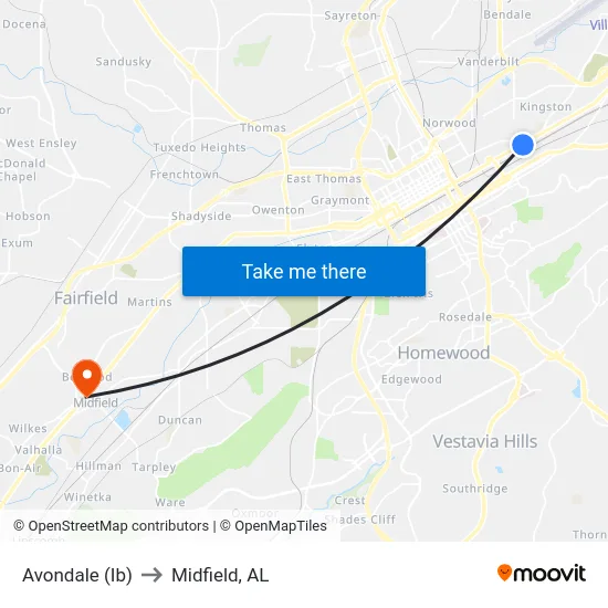 Avondale (Ib) to Midfield, AL map