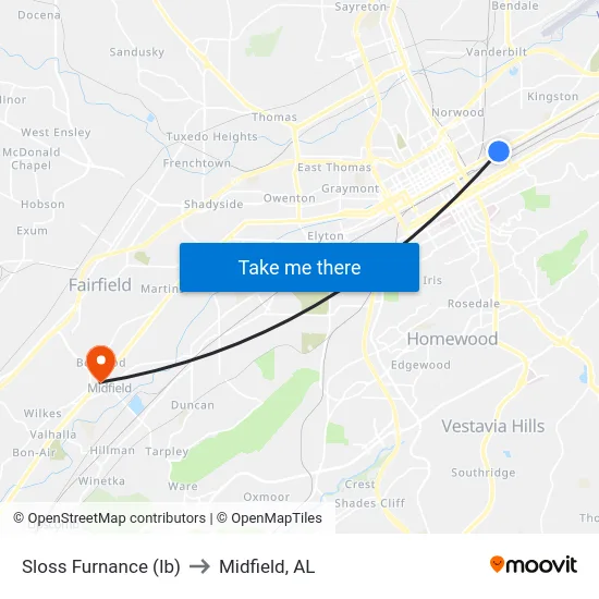 Sloss Furnance (Ib) to Midfield, AL map