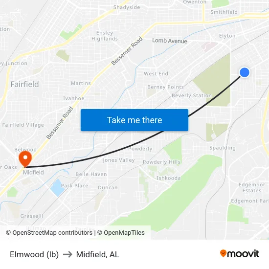 Elmwood (Ib) to Midfield, AL map