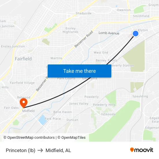 Princeton (Ib) to Midfield, AL map