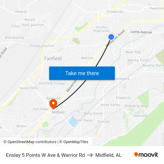 Ensley 5 Points W Ave & Warrior Rd to Midfield, AL map