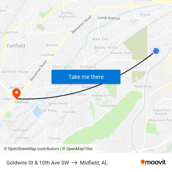 Goldwire St & 10th Ave SW to Midfield, AL map