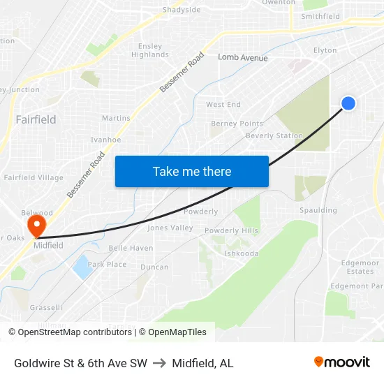 Goldwire St & 6th Ave SW to Midfield, AL map