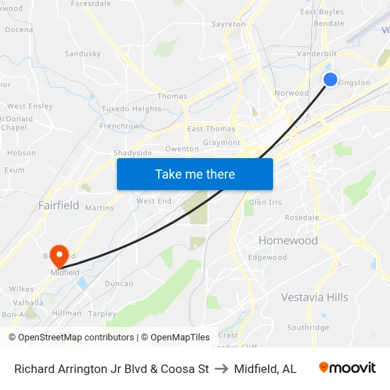 Richard Arrington Jr Blvd & Coosa St to Midfield, AL map