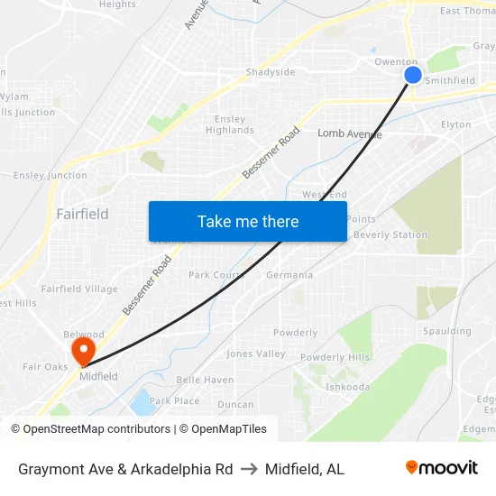 Graymont Ave & Arkadelphia Rd to Midfield, AL map