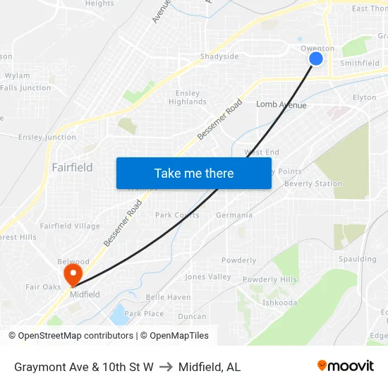 Graymont Ave & 10th St W to Midfield, AL map