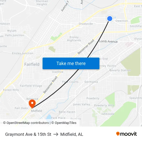 Graymont Ave & 15th St to Midfield, AL map