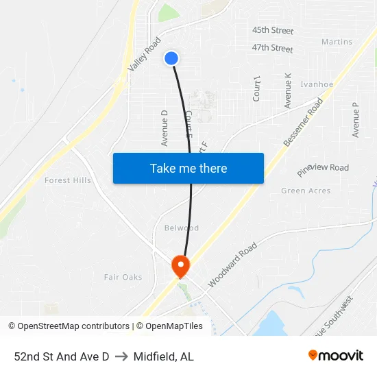 52nd St And Ave D to Midfield, AL map