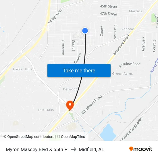 Myron Massey Blvd & 55th Pl to Midfield, AL map