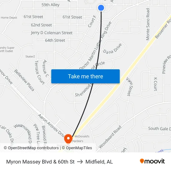 Myron Massey Blvd & 60th St to Midfield, AL map