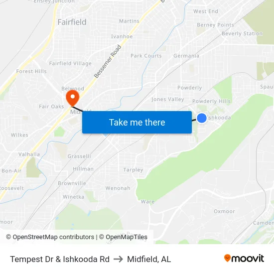 Tempest Dr & Ishkooda Rd to Midfield, AL map