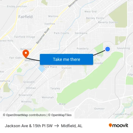Jackson Ave & 15th Pl SW to Midfield, AL map