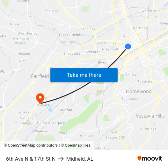 6th Ave N & 17th St N to Midfield, AL map