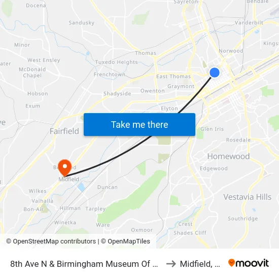 8th Ave N & Birmingham Museum Of Art to Midfield, AL map