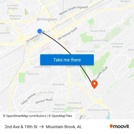 2nd Ave & 19th St to Mountain Brook, AL map