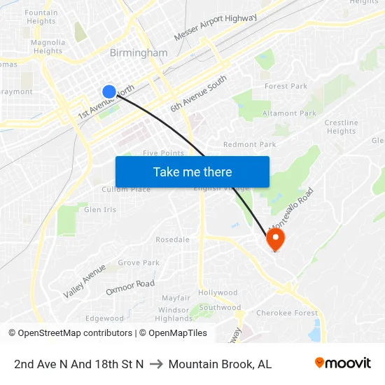 2nd Ave N And 18th St N to Mountain Brook, AL map