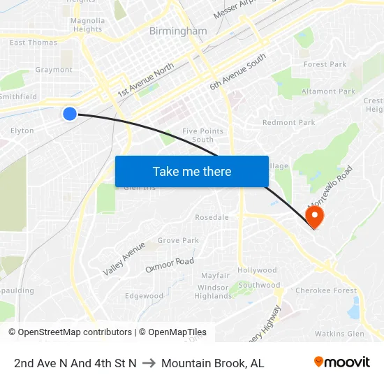 2nd Ave N And 4th St N to Mountain Brook, AL map