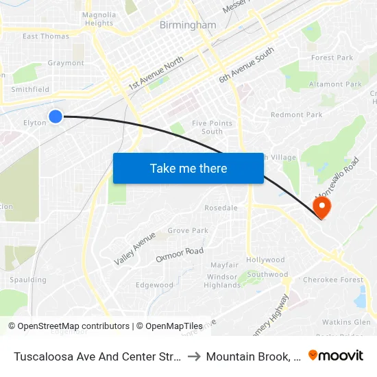 Tuscaloosa Ave And Center Street to Mountain Brook, AL map