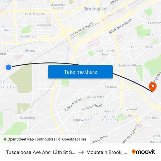 Tuscaloosa Ave And 13th St SW to Mountain Brook, AL map